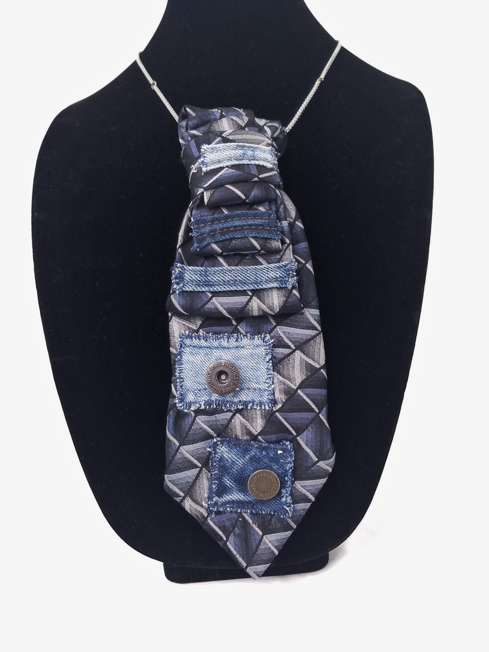 โจUpcycled Denim Tie Necklace Patchwork Geometric Choker Blueโจ